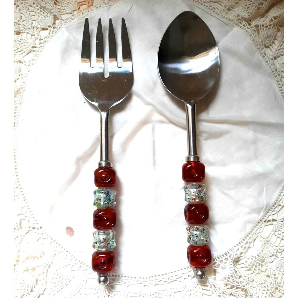 Pampered Chef Large 12" Square Glass Beaded Handled Serving Utensil Set